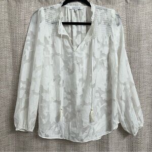 Rose+Olive White Floral Long Sleeve Boho Top Tie Neck Sz M Coquette Cottagecore